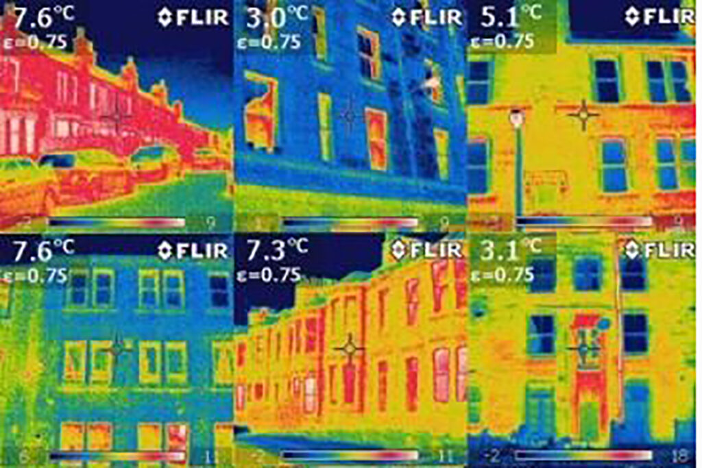 A thermographic image of heat loss in tenements and terraced homes, highlighting the importance of improved energy efficiency.