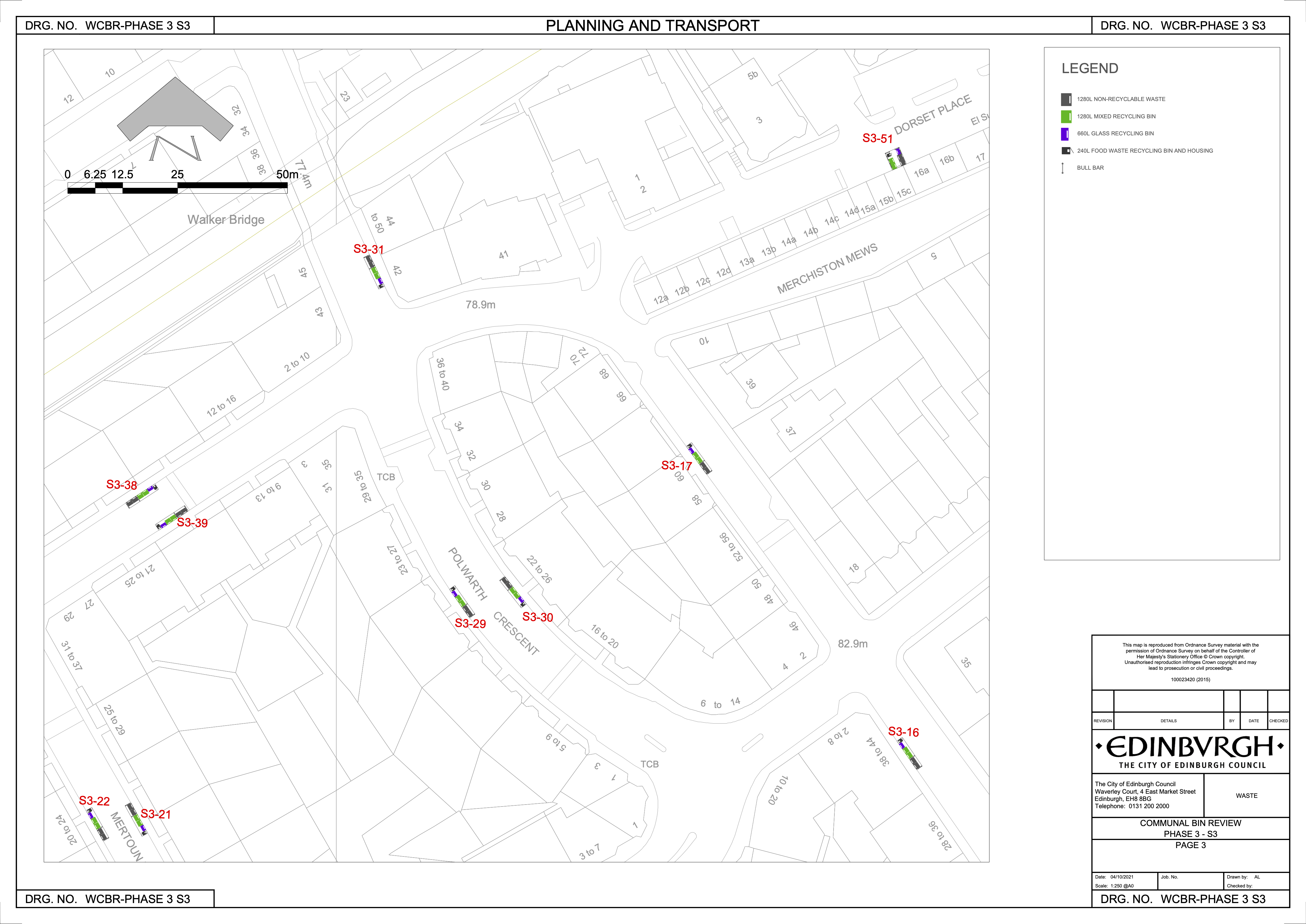 Map of the location of new bin hubs on Polwarth Crescent